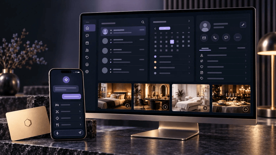 HexaTech platformas konceptuāla vizualizācija: dators, tālrunis un zelta dalībnieka karte