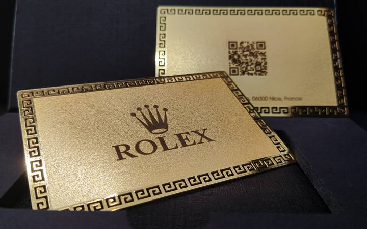 Zelta Rolex metāla vizītkartes ar gravējumu un QR kodu